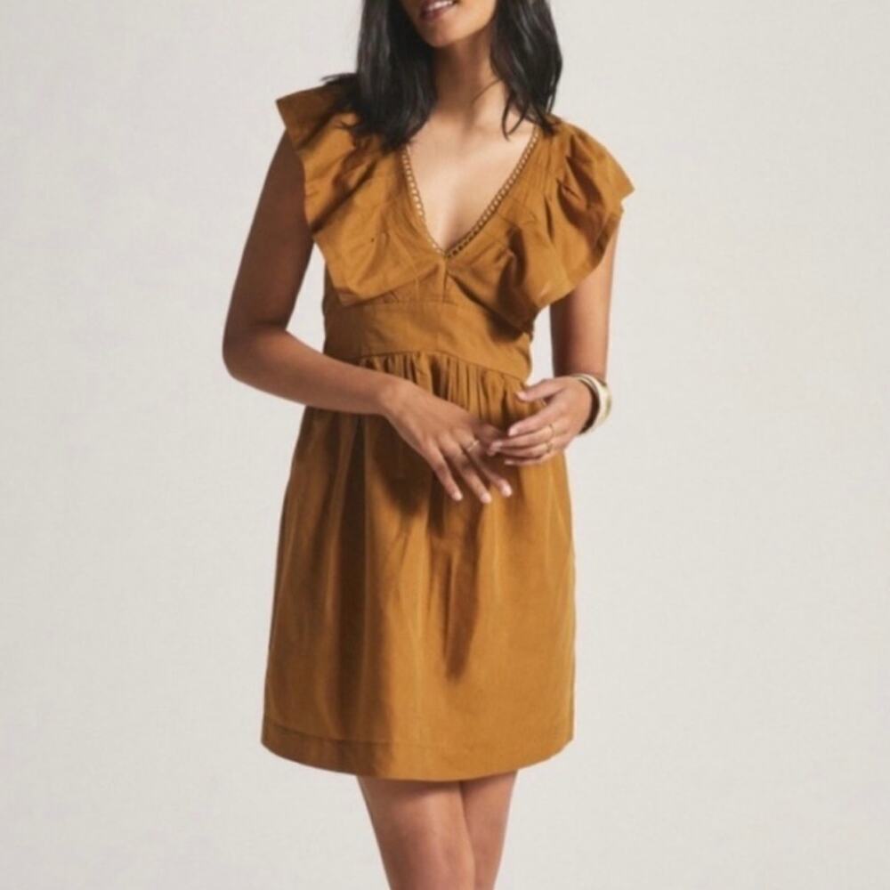 NWT Anthropologie XS Tan V-neck Plunge Tunic Flutter Sleeve Pockets Mini Dress